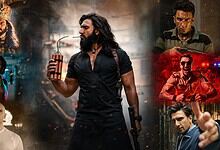 Ranveer Singh as Khilji with a fierce expression, holding a traditional weapon, in a historical setting.