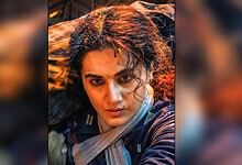 Taapsee Pannu as Gandhari in a dramatic scene from the film, with intense expression and detailed costume.
