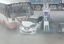 A bus rams a car in Hyderabad's Abdullapurmet