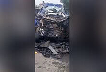 Damaged vehicle after a collision involving a car and a lorry in Hyderabad.