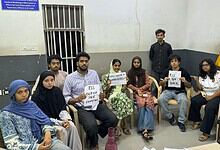 Student leaders protest against RSS Prant Pracharak Lingam Sridhar inside EFLU campus.