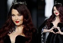 Aishwarya Rai Bachchan wearing a black gown and crown at Paris Fashion Week 2026.