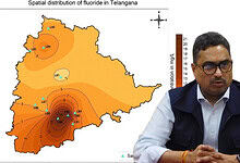 Map showing fluoride levels in Telangana with a man speaking at a press conference.