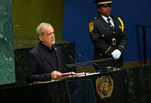 Pezeshkian speaking at UN about peace in West Asia and Palestine justice.