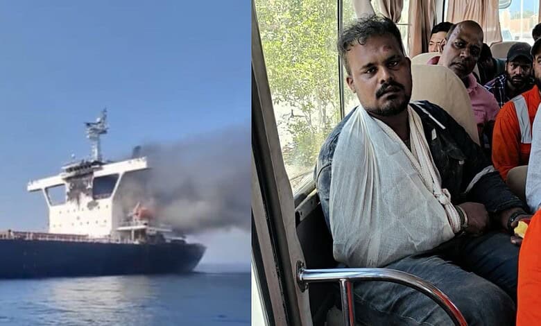 Ship on fire after attack near Oman, with smoke rising from the vessel.