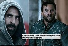 Two male actors in intense scenes from a film, with a caption about new movies in Hyderabad theatres.
