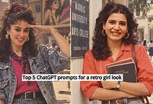 Retro girl in 80s style with curly hair, denim jacket, and bright outfit on city street.
