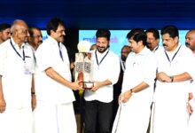 Telangana Chief Minister A Revanth Reddy receiving the prestigious Aryadan Muhammed award at Nilambur in Kerala.