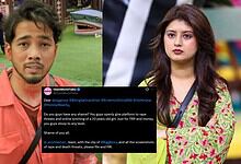 Arishfa Khan and ScoutOP in a scene from Bigg Boss 20 with a social media post overlay.