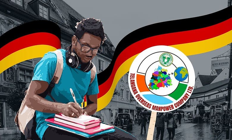 Young man protesting in Germany with flags and a logo of a workers' union.