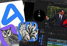 Screenshots of free creative apps with logo icons and video editing interface.