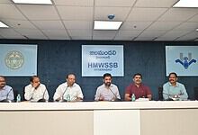 Hyderabad HMWS&SB officials discuss water supply issues at a press conference.