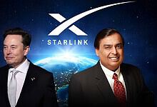 Elon Musk and an Indian official in front of Starlink logo and Earth from space.