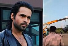 Emraan Hashmi's next film action shoot scene with a crane lifting a car.