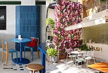 Modern Hyderabad cafe with colourful decor and outdoor seating for brunch.