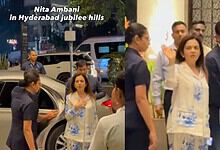 Nita Ambani in Jubilee Hills, Hyderabad, surrounded by people and media.