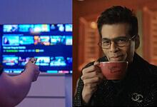 Person browsing OTT streaming service on TV, another enjoying coffee at home.