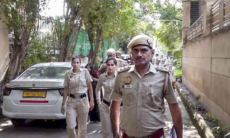 Delhi Police officers patrolling during the Tiranga march in Delhi.