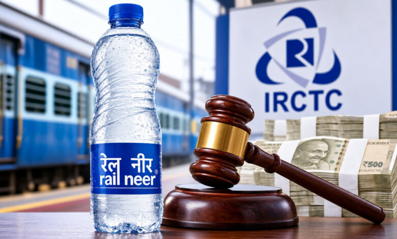 Water bottle with IRCTC logo, gavel, and money in front of train station.