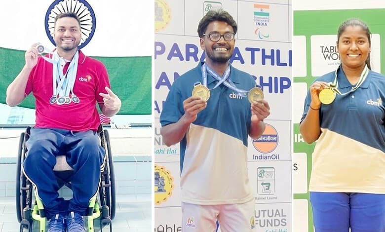 Three Indian para athletes with medals at the Asian Para Games 2026, celebrating their achievements.