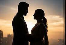 Silhouetted couple holding hands during sunset with city skyline in background.