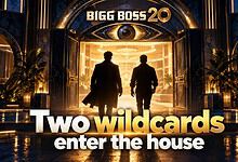 Two silhouetted men walk into the Bigg Boss 20 house with a golden entrance and eye logo above.