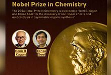 Nobel Prize in Chemistry awarded to Kagan and Soai, featuring portraits and a golden bust of Alfred Nobel.