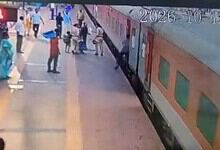RPF constable rescues man slipping while boarding train at Hyderabad station.