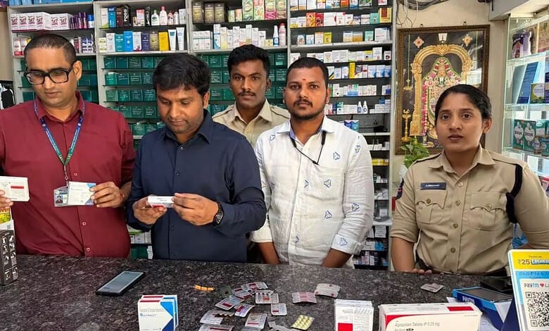 Telangana police raid medical shops for illegal drug sales, seizing medicines.
