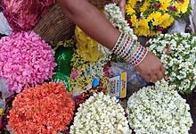 Vibrant flower vendor arranging colourful flowers at Gudimalkapur Flower Market in Hyderabad.