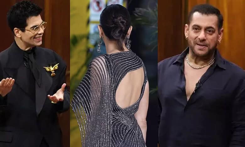 Three Bollywood celebrities during a talk show, engaging in conversation.