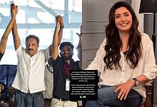 Mahira Khan supports CJP protest, smiling in a casual white shirt at an indoor event.