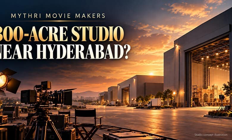 Large film studio under construction near Hyderabad with cameras and lighting equipment.