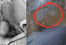 Crime scene photo of a murdered man with a blurred face and a flooded street with a red circle.