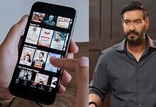 Man watching OTT content on smartphone with various shows displayed.
