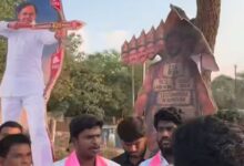 Protesters gather with effigy and cutouts of political figures during a rally.