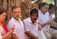 Rahul Gandhi with a group of people outdoors, engaging in conversation and holding snacks.