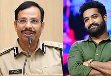 Hyderabad CP Sajjanar and Jr NTR in a split-screen image, one in uniform and the other smiling.