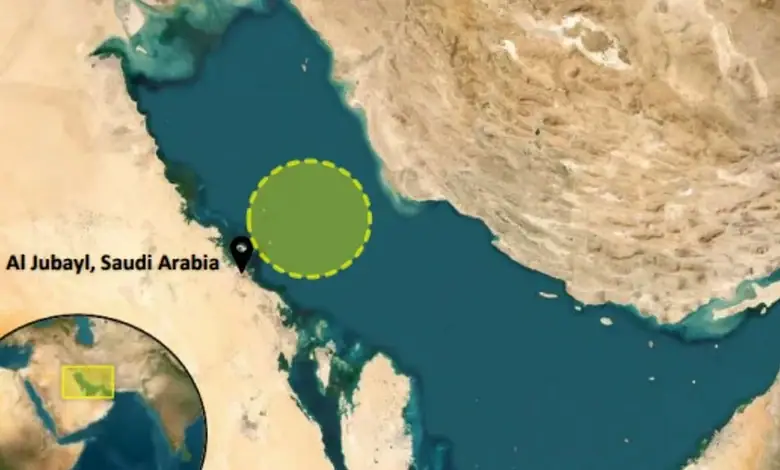 Map showing location of tanker incident off Al Jubayl, Saudi Arabia.